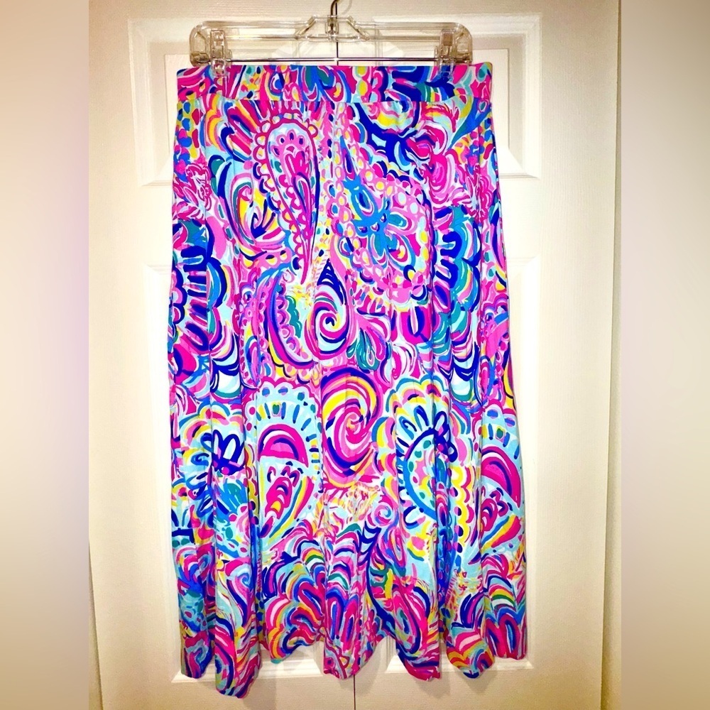 Lilly Pulitzer Shia Midi Skirt Resort Psychadelic Sunshine Coastal Paisley Sz L - Picture 1 of 9